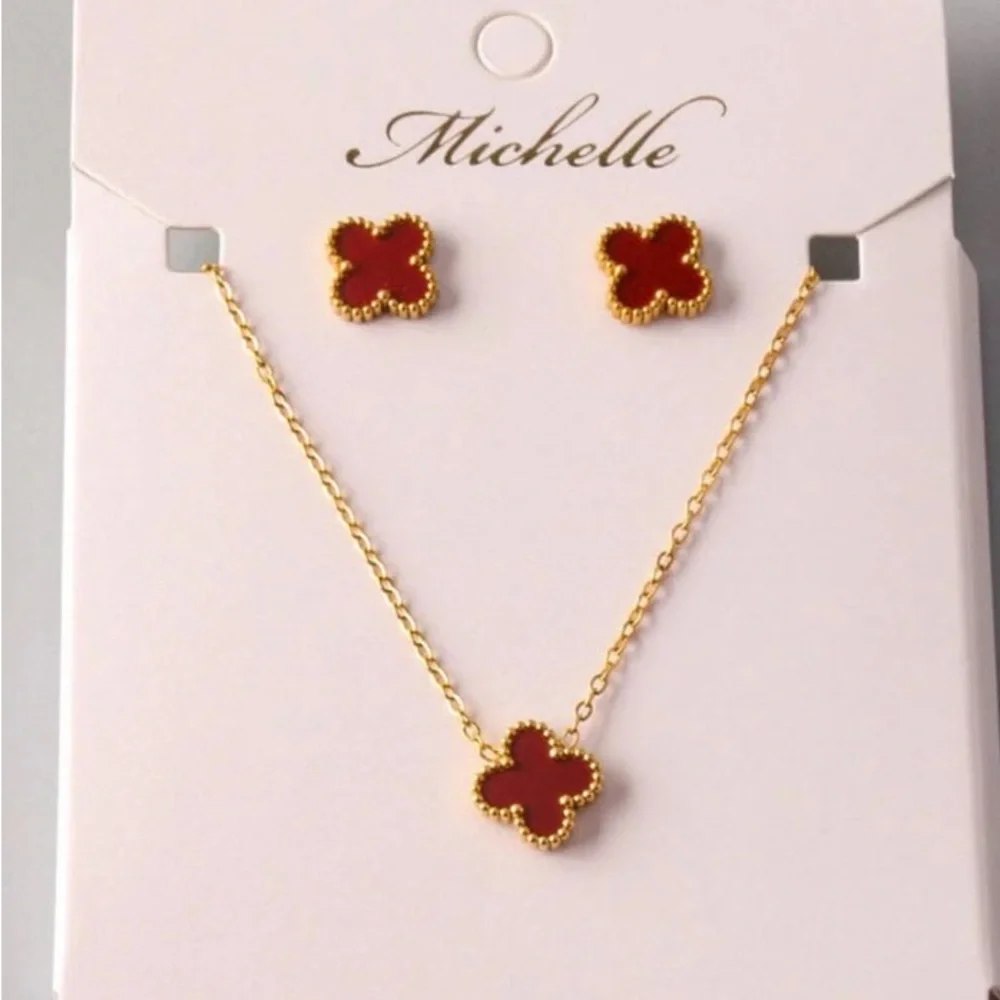 WOMEN'S STAINLESS STEEL GOLD RED EARRINGS & NECKLACE SET - Picture 2 of 2